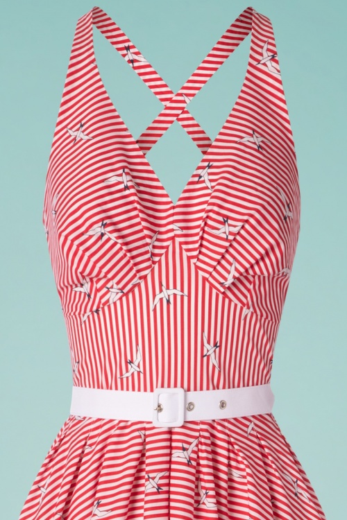 Miss Candyfloss - Lilo Rose Swing-jurk met gekruiste rug in rood en wit 3