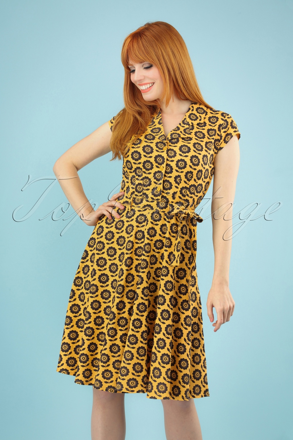 60s Penny Flower Dress in Mustard Yellow