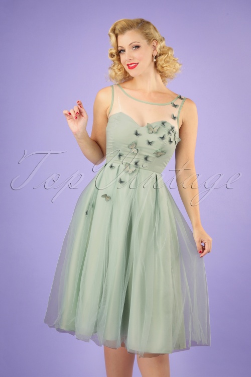 Collectif Clothing - 50s Tiana Butterfly Occasion Swing Dress in Mint Green