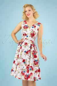 Hearts & Roses - Camellia Floral Swing Dress Années 50 en Blanc