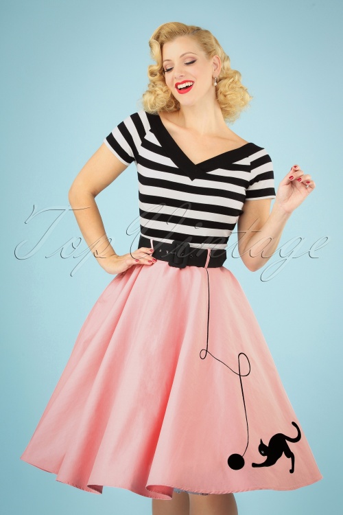 Collectif Clothing - 50s Kitty Cat Swing Skirt in Light Pink