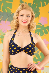 Esther Williams - Klassiek bikinitopje met polkadots in marineblauw en geel