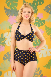 Esther Williams - Klassieke bikinibroek met polkadots in marineblauw en geel