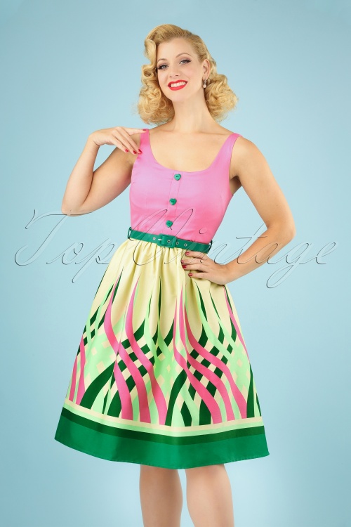Vixen - 60s Sabrina Watermelon Border Swing Dress in Pink