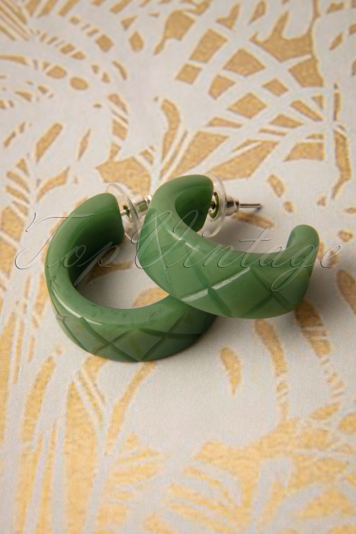 Splendette - TopVintage Exclusive ~ 50s Sage Carved Hoop Earrings in Green 3