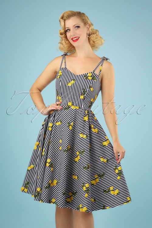 Banned Retro - 50s Lemons And Stripes Dress in Navy and White