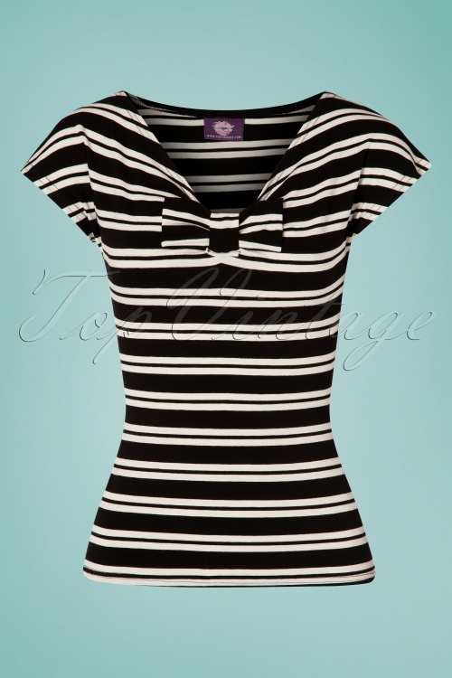 Topvintage Boutique Collection - Lacey Stripes Top Années 50 en Noir et Crème 2
