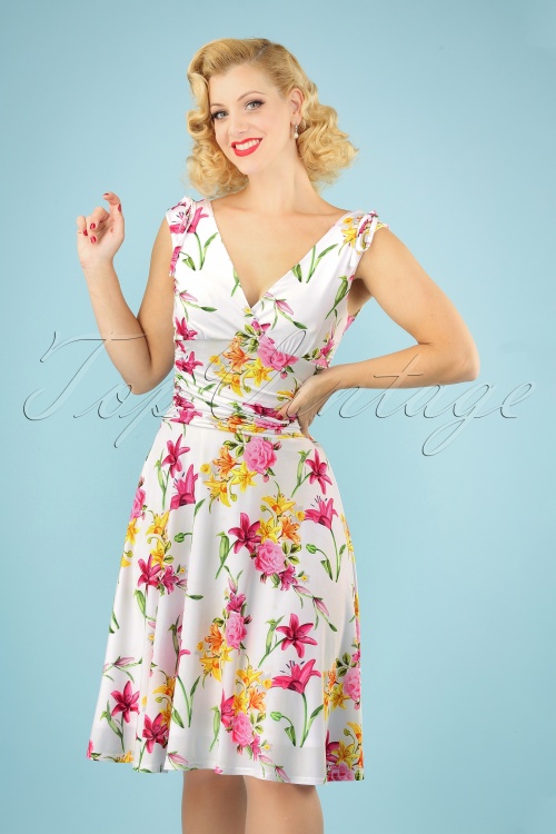 Vintage Chic for Topvintage - Grecian Floral Dress Années 50 en Blanc