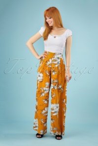 Vixen - 70s Stephanie Floral Palazzo Trousers in Mustard