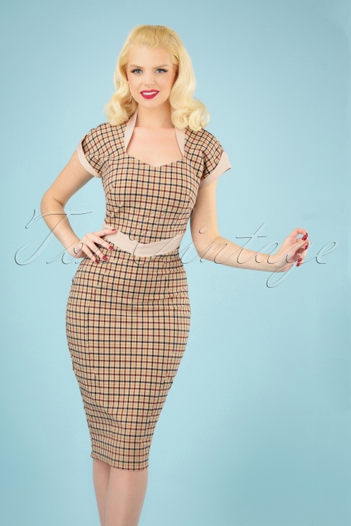 Miss Candyfloss - 50s Tremaine Lee Wiggle Dress in Tan Tartan