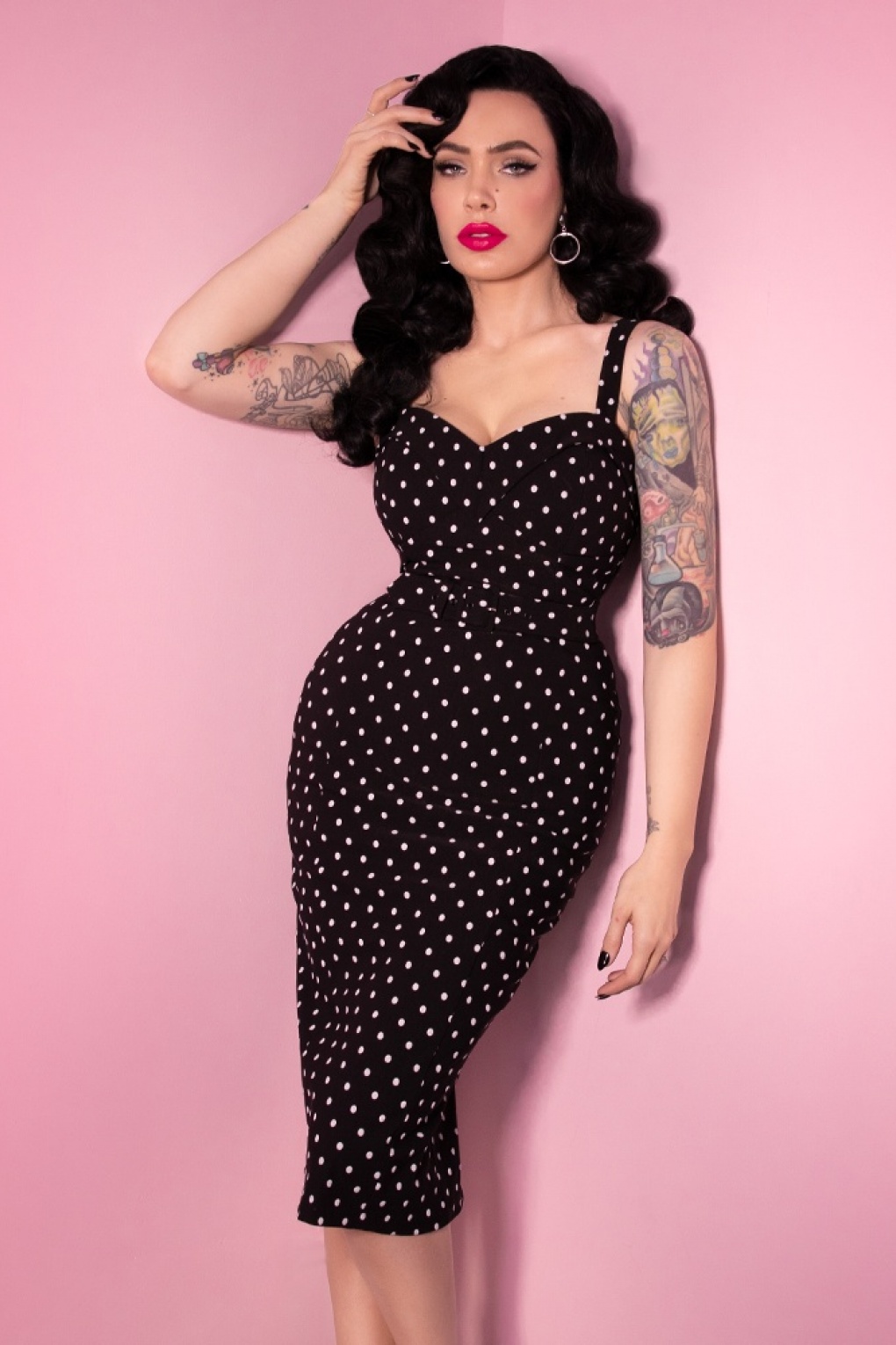 50s Maneater Polkadot Wiggle Dress In Black