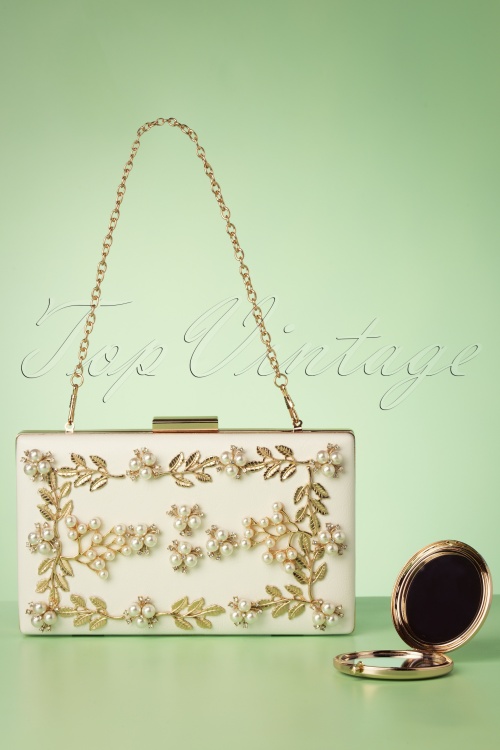 Lovely - 50s Gold Vine and Pearl Hardcase Clutch in Ivory 2