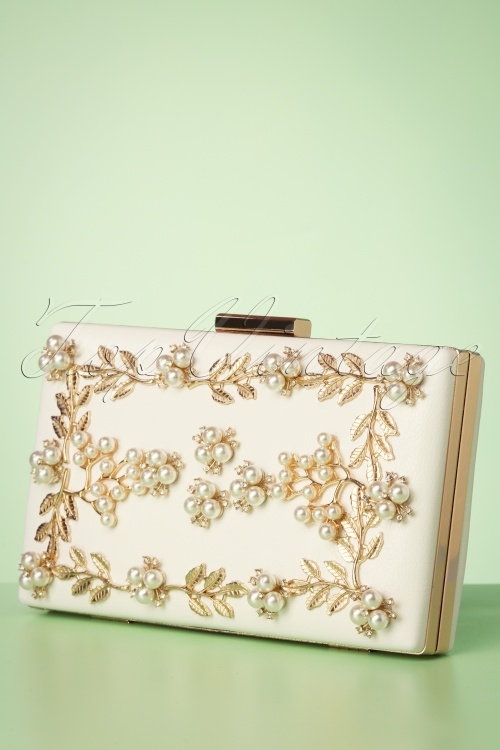 Lovely - 50s Gold Vine and Pearl Hardcase Clutch in Ivory 3