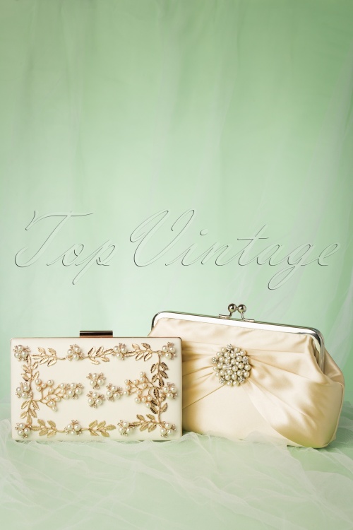 Lovely - 50s Gold Vine and Pearl Hardcase Clutch in Ivory 7