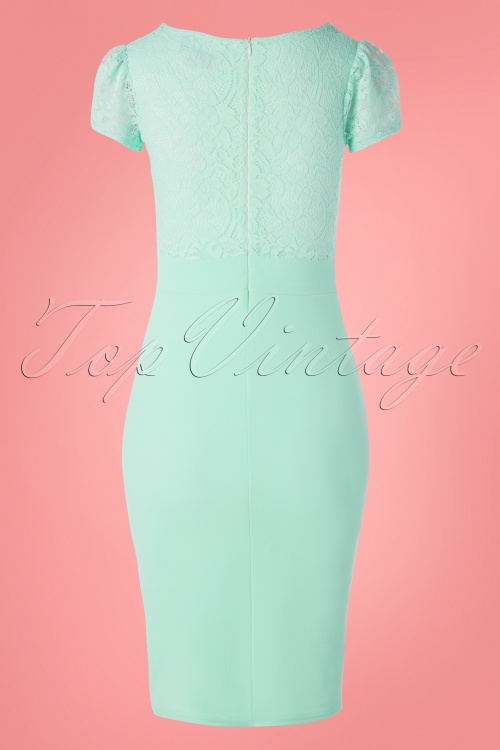 Vintage Chic for Topvintage - 50s Rose Lace Top Pencil Dress in Mint Blue 2