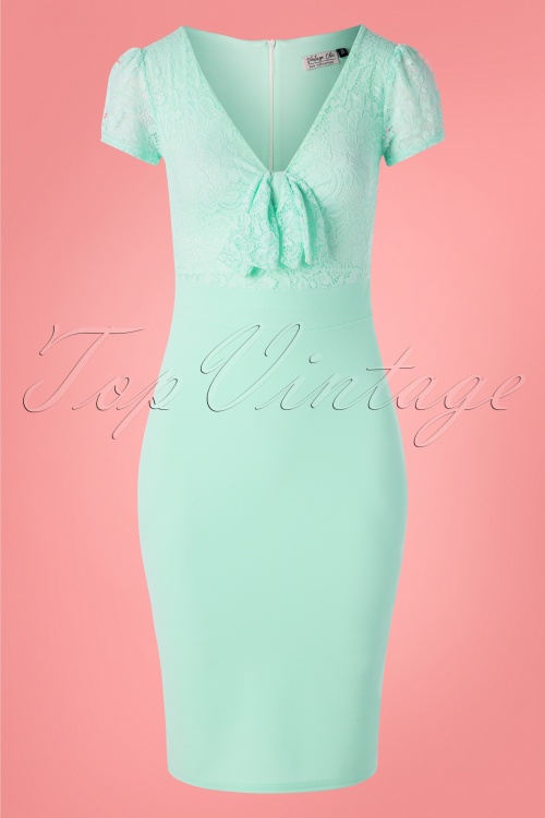 Vintage Chic for Topvintage - 50s Rose Lace Top Pencil Dress in Mint Blue
