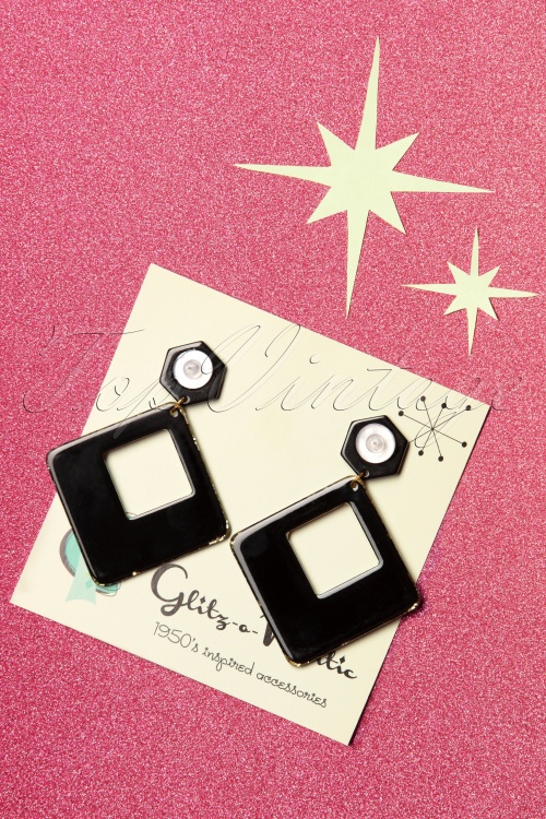 Glitz-o-Matic - Glitter Pendant Earrings Années 50 en Noir et Doré 3