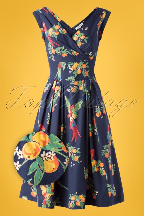 Emily and Fin - 50s Florence Playful Parrots Dress in Navy