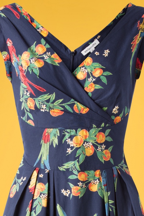 Emily and Fin - 50s Florence Playful Parrots Dress in Navy 2