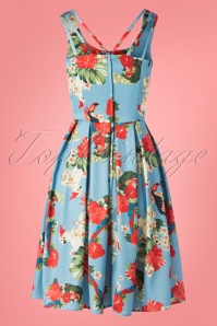 Dolly and Dotty - 50s Patricia Parrot Swing Dress in Blue Satin 2