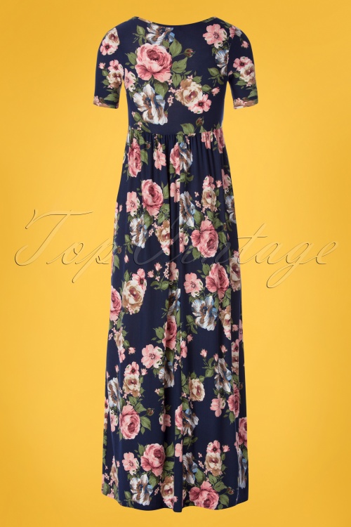 Mikarose - Miranda Floral Maxi Dress Années 70 en Bleu Marine 2