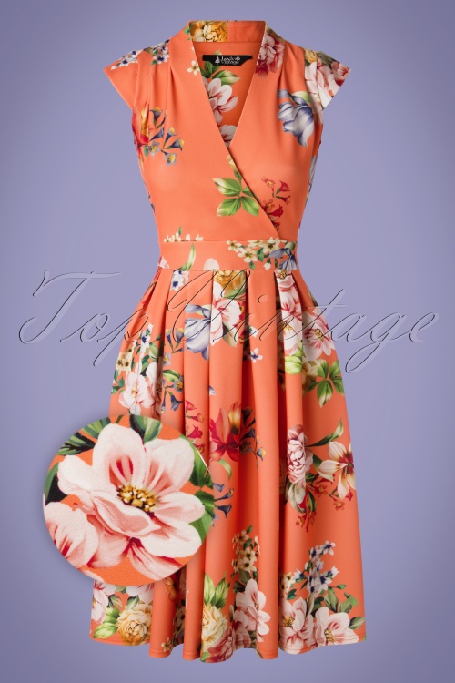 Lady V by Lady Vintage - Eva Floral Swing Dress Années 50 en Orange 