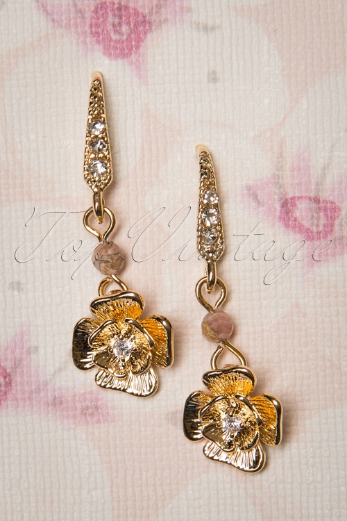 Foxy - Rhodochrosite Rose Drop Earrings Années 50 en Plaqué Or