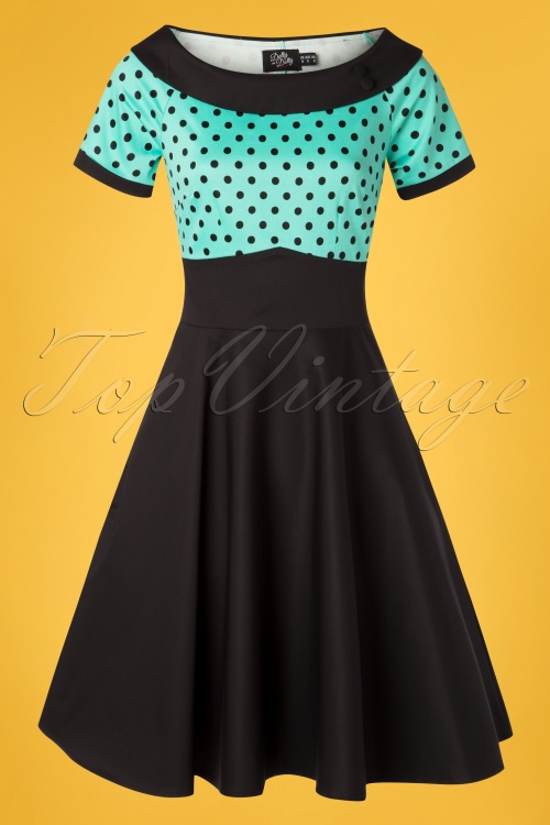 Dolly and Dotty - 50s Darlene Polkadot Swing Dress in Black and Turquoise