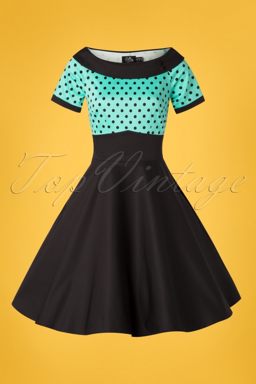 Dolly and Dotty - 50s Darlene Polkadot Swing Dress in Black and Turquoise 2