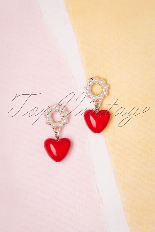 Sweet Cherry - Heart and Pearl Earrings Années 50 en Rouge