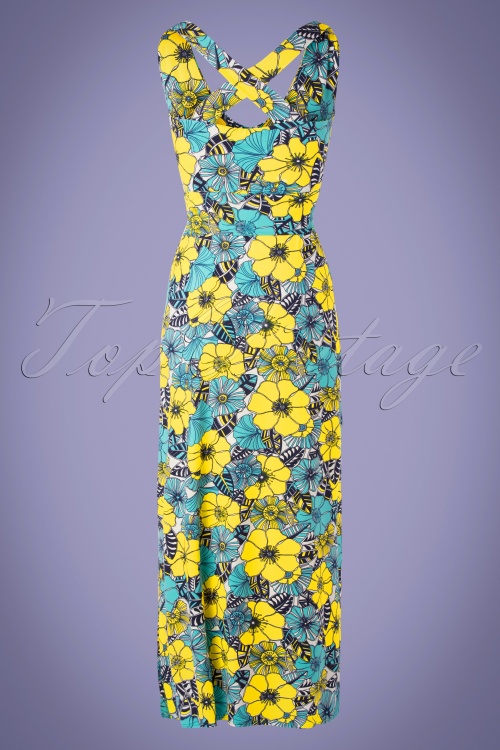 Topvintage Boutique Collection - Fiori Floral Maxi Dress Années 70 en Jaune et Turquoise 2