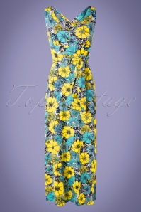 Topvintage Boutique Collection - Fiori Floral Maxi Dress Années 70 en Jaune et Turquoise