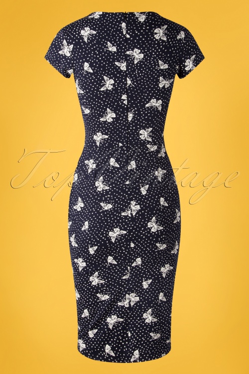 Topvintage Boutique Collection - The Frieda Butterfly Pencil Dress Années 50 en Bleu Marine 2