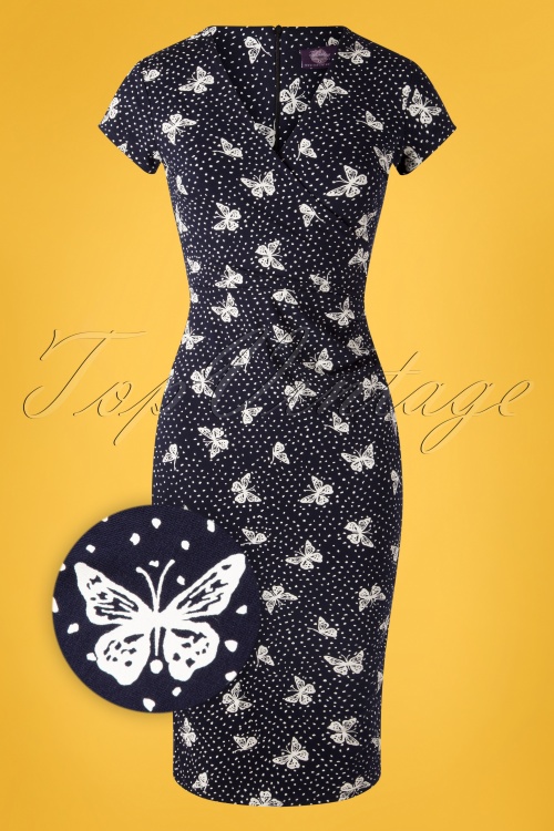 Topvintage Boutique Collection - The Frieda Butterfly Pencil Dress Années 50 en Bleu Marine