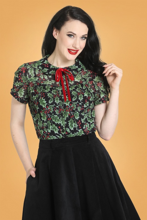 Bunny - 50s Holly Berry Blouse in Black