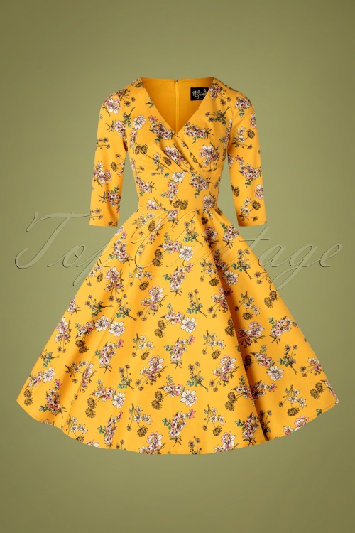 Bunny - Muriel Swing-Kleid mit Blumenmuster in Senf 4