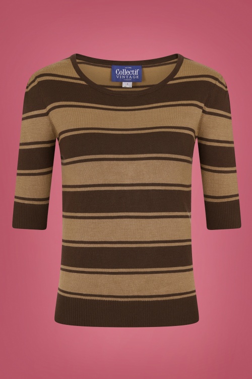 Collectif Clothing - 50s Chrissie Beetle Stripes Knitted Top in Brown 2