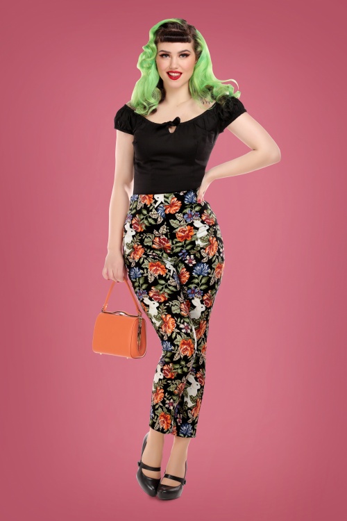 Collectif Clothing - 50s Bonnie Forest Floral Trousers in Black 2