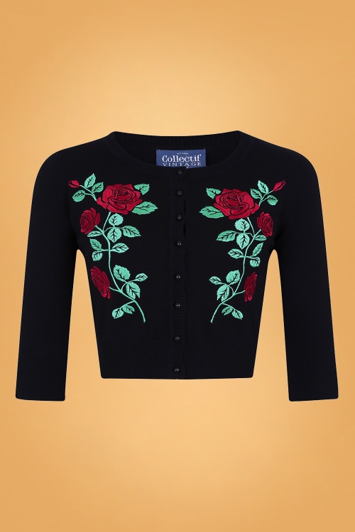 Collectif Clothing 50s Lucy Dark Rose Cardigan in Black | Shop at