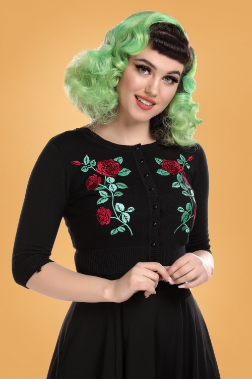 Collectif Clothing - 50s Lucy Dark Rose Cardigan in Black 2