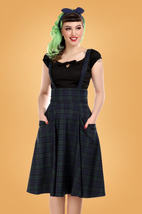 Collectif Clothing - Alexa Blackwatch Check Swing Skirt Années 50 en Bleu et Vert