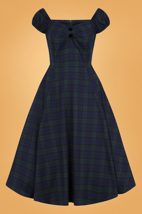 Collectif Clothing - Dolores Blackwatch Doll Dress Années 50 en Bleu Marine et Vert 2