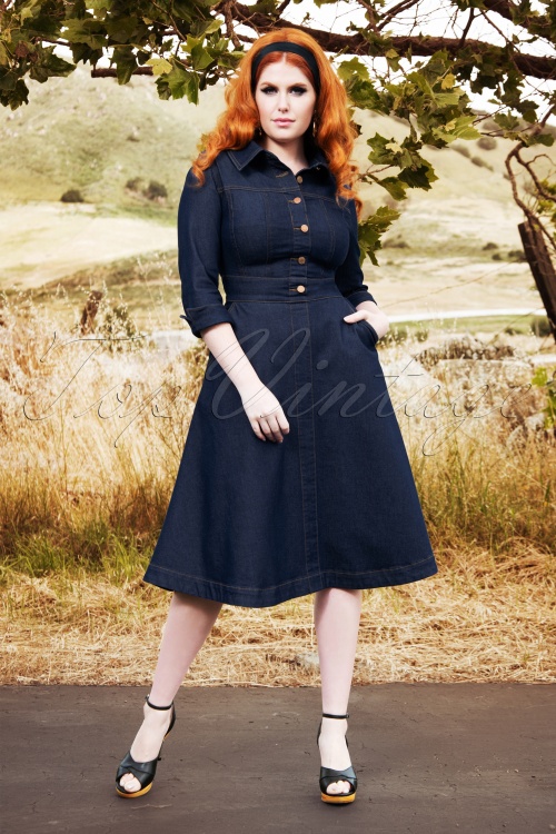 Rock-a-Booty - 50s Lauren Denim Swing Dress in Prussian Blue