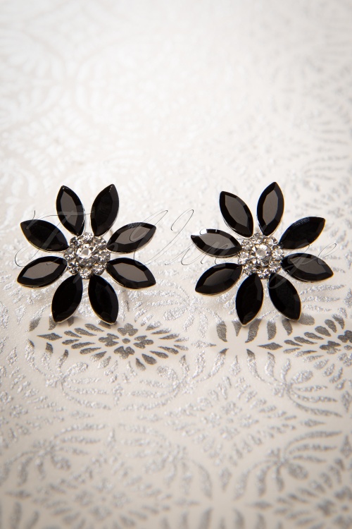 Topvintage Boutique Collection - Black Flower Earstuds Années 50 en Argenté