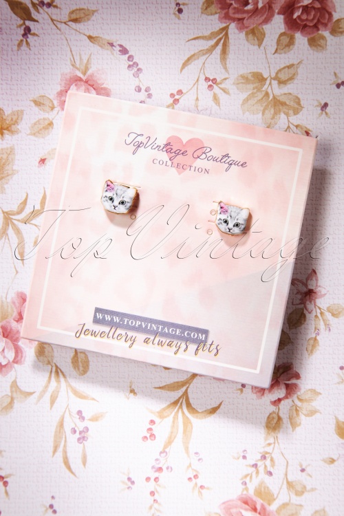 Topvintage Boutique Collection - Pretty Cat Stud Earrings Années 50 en Gris 2