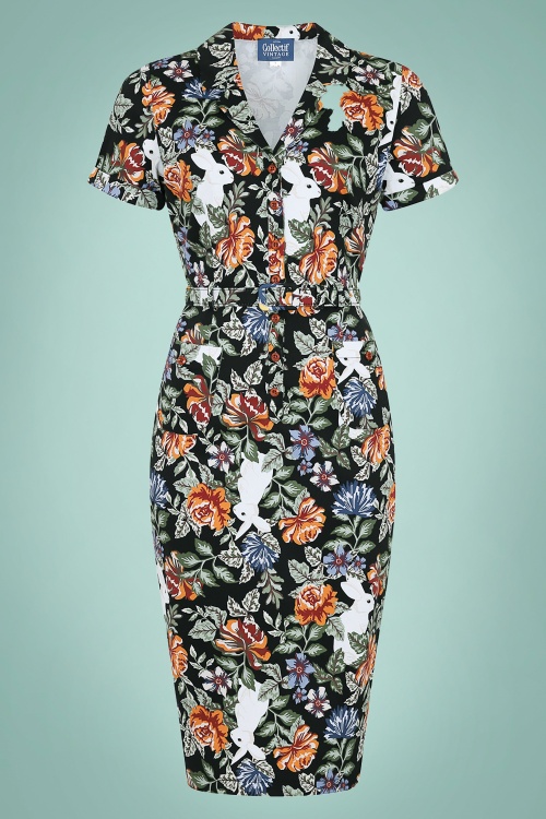 Collectif Clothing - 40s Caterina Forest Floral Pencil Dress in Black