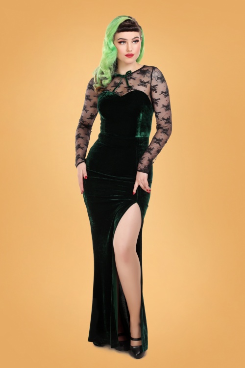Collectif Clothing - 50s Celine Lace And Velvet Maxi Dress in Green
