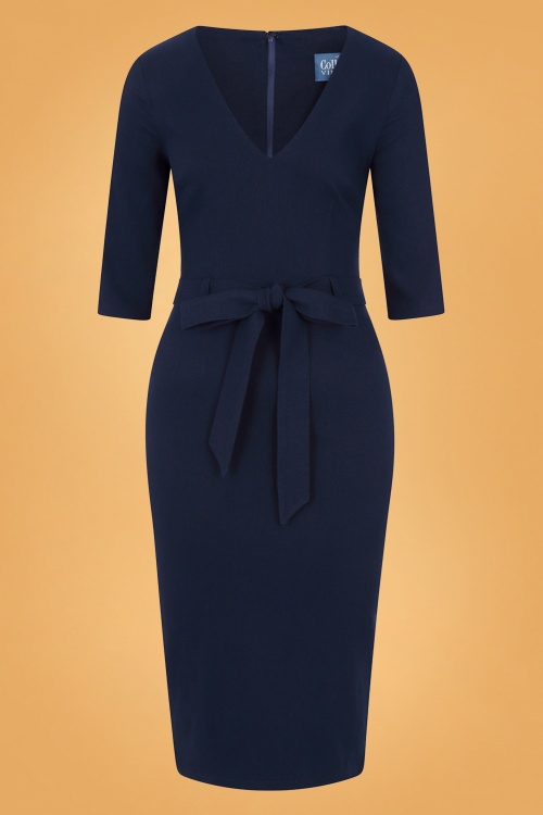 Collectif Clothing - Meadow Pencil Dress Années 50 en Bleu Marine 2