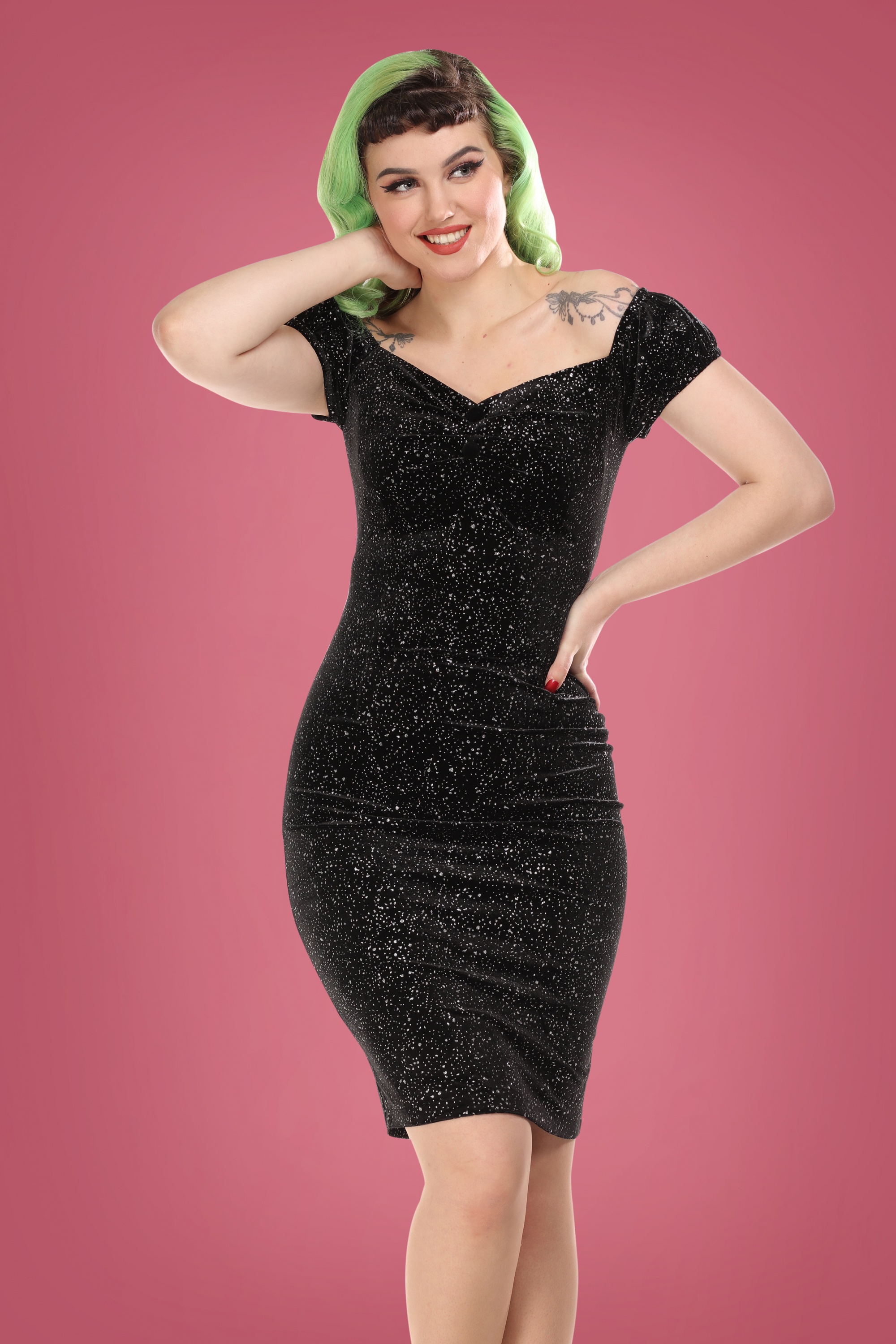 Collectif Clothing - Dolores Glitter Drops penciljurk in zwart 2