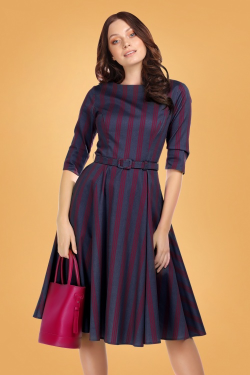 Collectif Clothing - Suzanne Triplet Stripes Swing Dress Années 50 en Bleu Marine